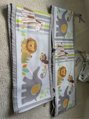 Neutral Safari Animal Crib Bumper Pad - Gray with Green & Yellow Accents